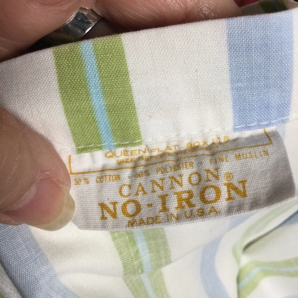 Cannon Vintage Queen Flat Sheet Striped Blue and Green Fabric